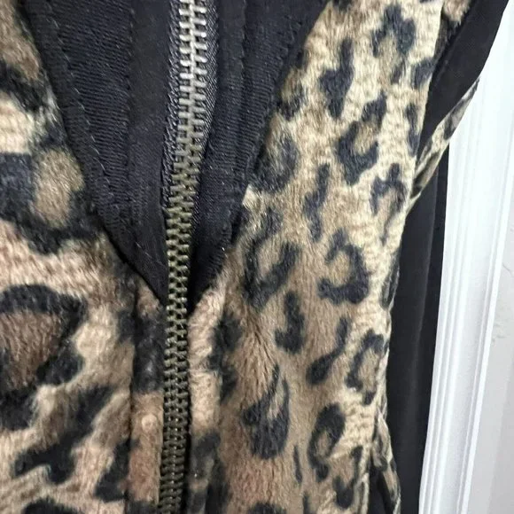 Vintage 80's Black Stretchy Furry Trimmed Leopard Print Bodycon Jumpsuit USA S ? - Picture 4 of 7